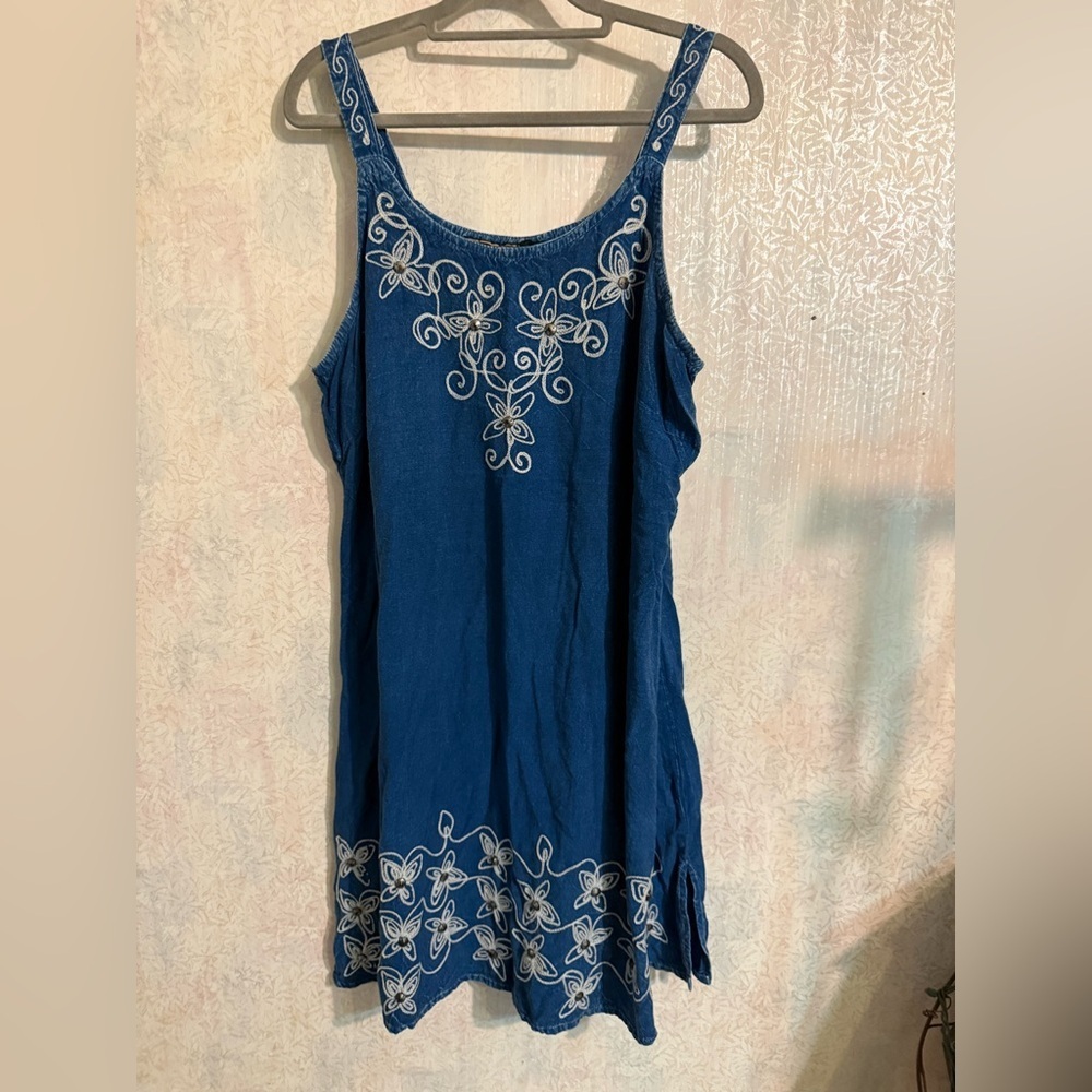 Raya Sun Blue Embroidered Boho, Lightweight Summer Mini Dress, Cotton Blend, Lg